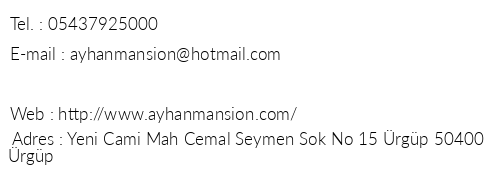 Ayhan Mansion Cave Arch Hotel telefon numaralar, faks, e-mail, posta adresi ve iletiim bilgileri